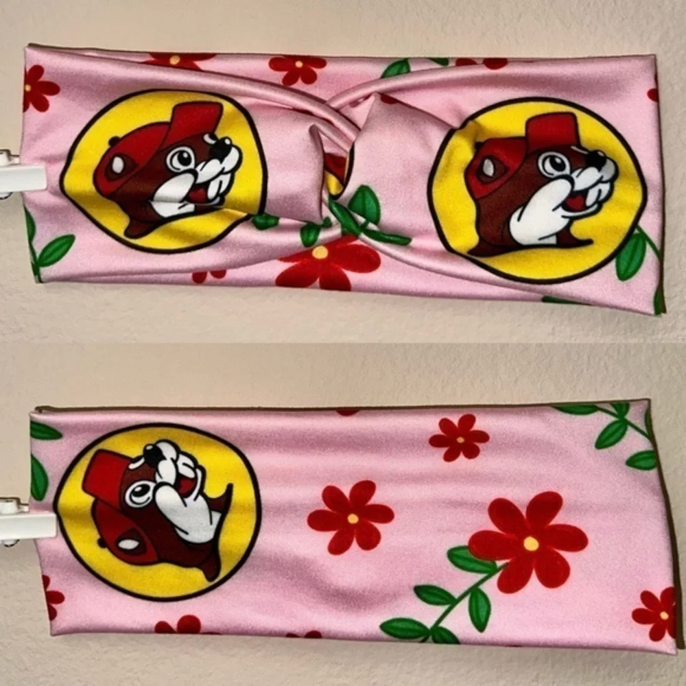 Buccees Beaver red flower pink twist front headband new